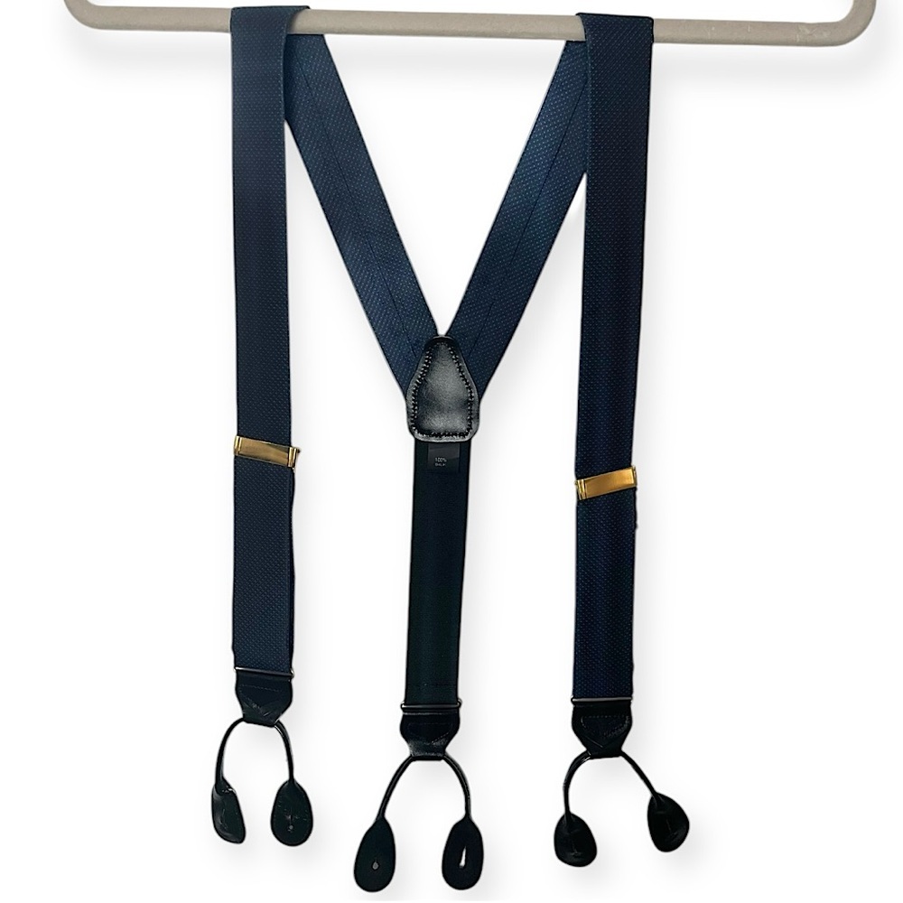 Men’s Vintage 90s Geometric Silk Leather Suspenders Pants Holder Navy Black